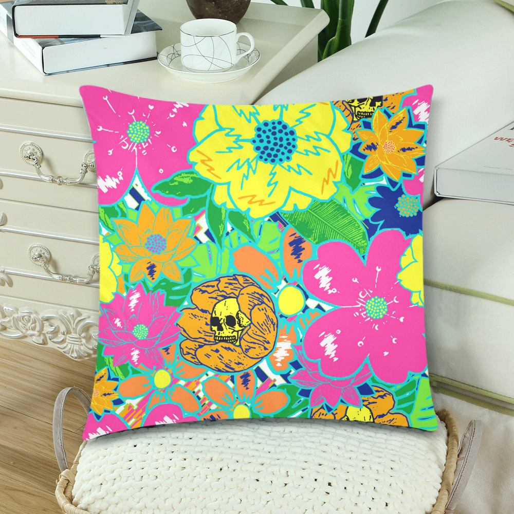 Summer Fun Skulls Colorful Floral Custom Zippered Pillow Cases 18"x 18" (Twin Sides) (Set of 2)