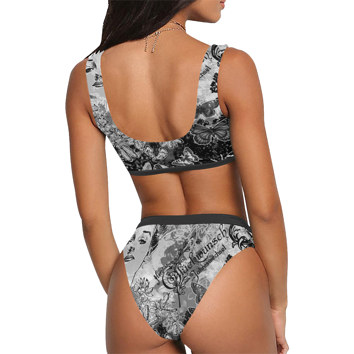Lady and butterflies Sport Top & High-Waisted Bikini Swimsuit (Model S07)