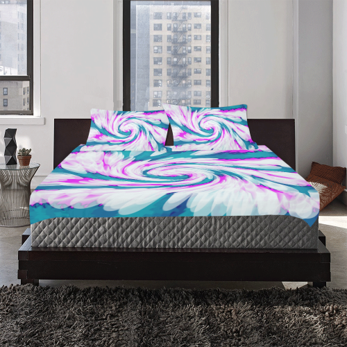 Turquoise Pink Tie Dye Swirl Abstract 3-Piece Bedding Set
