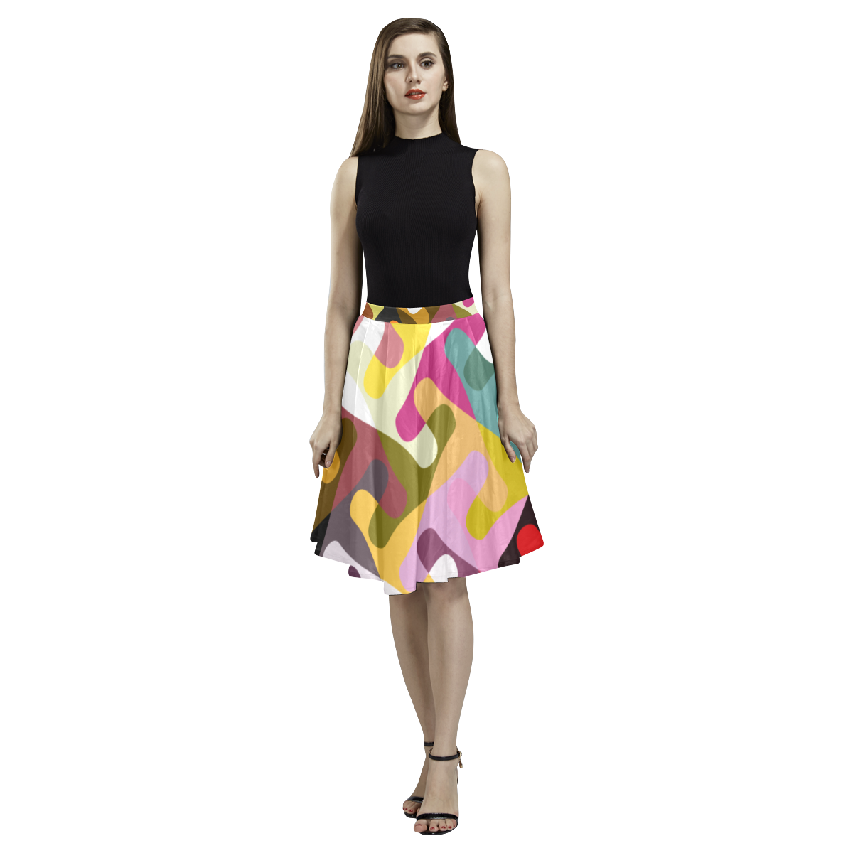 Colorful shapes Melete Pleated Midi Skirt (Model D15)