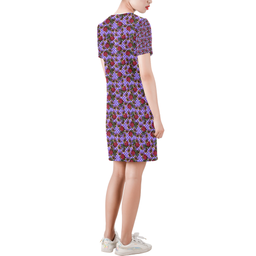 lazy cat floral pattern lilac polka Short-Sleeve Round Neck A-Line Dress (Model D47)