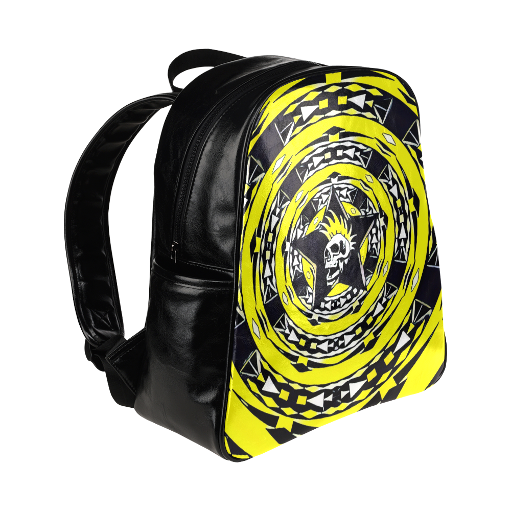 Black and Yellow Tribal Punk Skull Multi-Pockets Backpack (Model 1636)