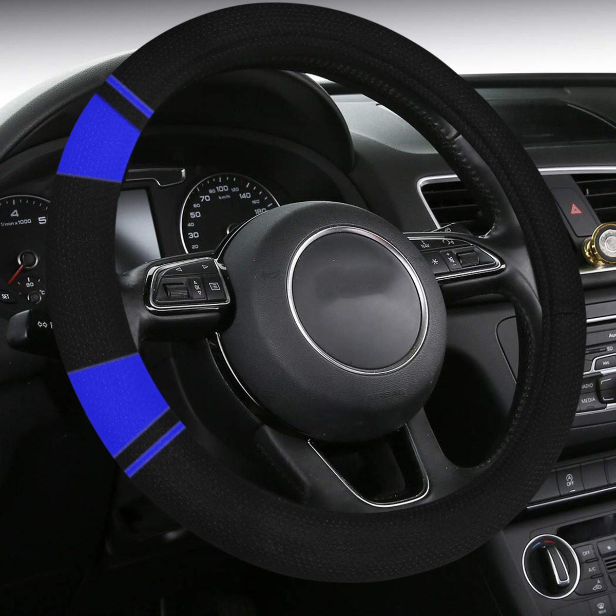 Race Car Stripes Black and Blue Steering Wheel Cover with Anti-Slip Insert