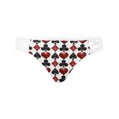 Las Vegas Black and Red Casino Poker Card Shapes On White Women's Lace Panty (Model L41)