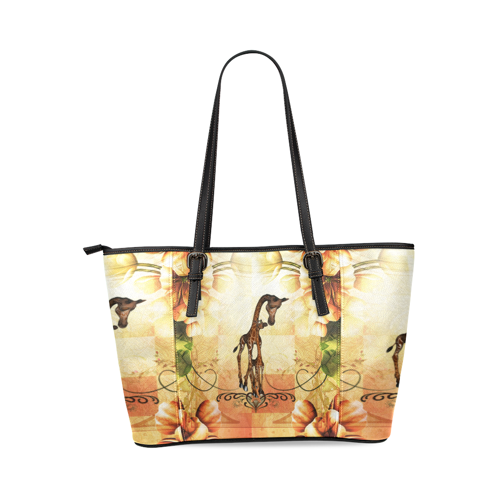 Cute giraffe mum with baby Leather Tote Bag/Small (Model 1640)
