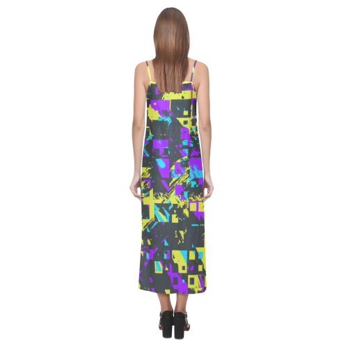 Purple yelllow squares V-Neck Open Fork Long Dress(Model D18)