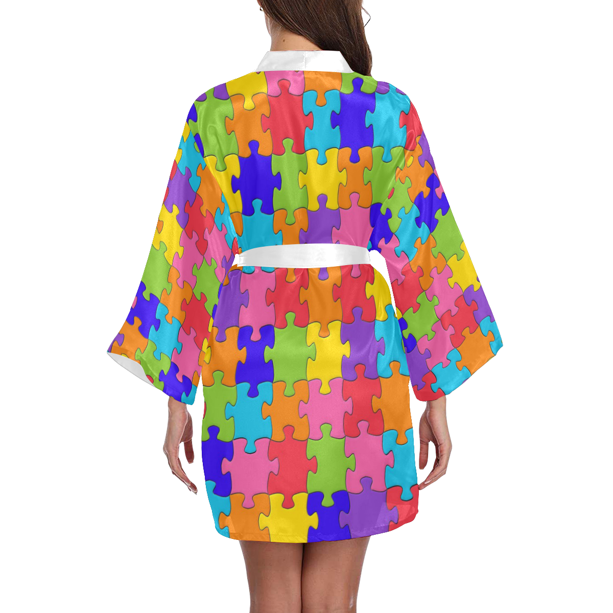 Multicolored Jigsaw Puzzle Long Sleeve Kimono Robe