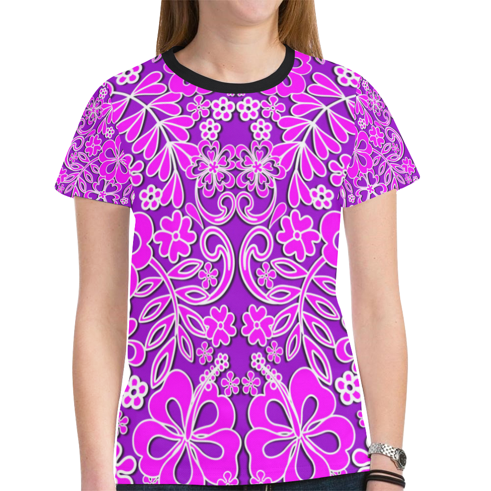 Hibiscus Pink and Purple Pattern New All Over Print T-shirt for Women (Model T45)