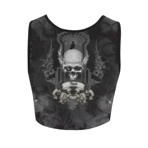 Skull with crow in black and white Women's Crop Top (Model T42)