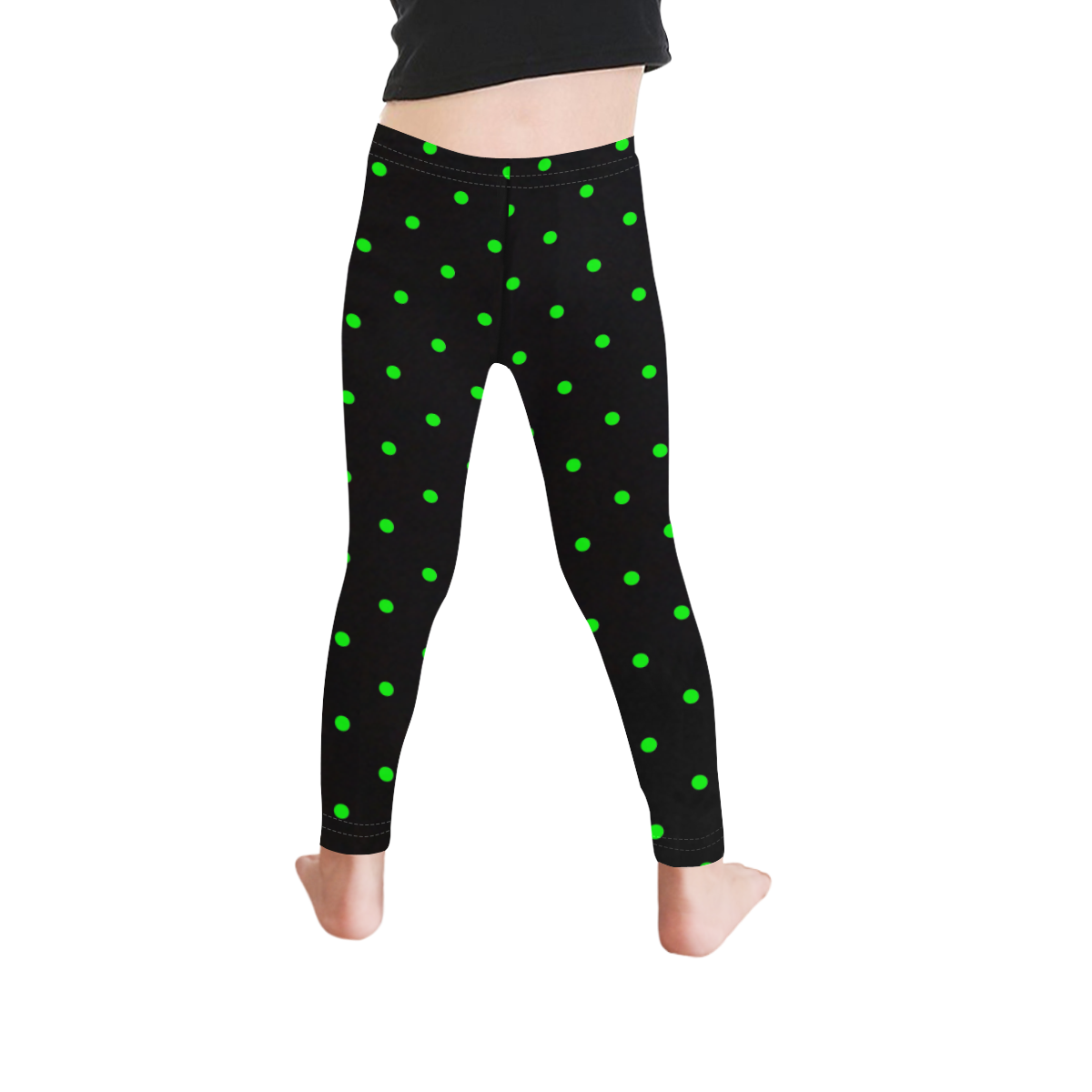 Green Polka Dots on Black Kid's Ankle Length Leggings (Model L06)