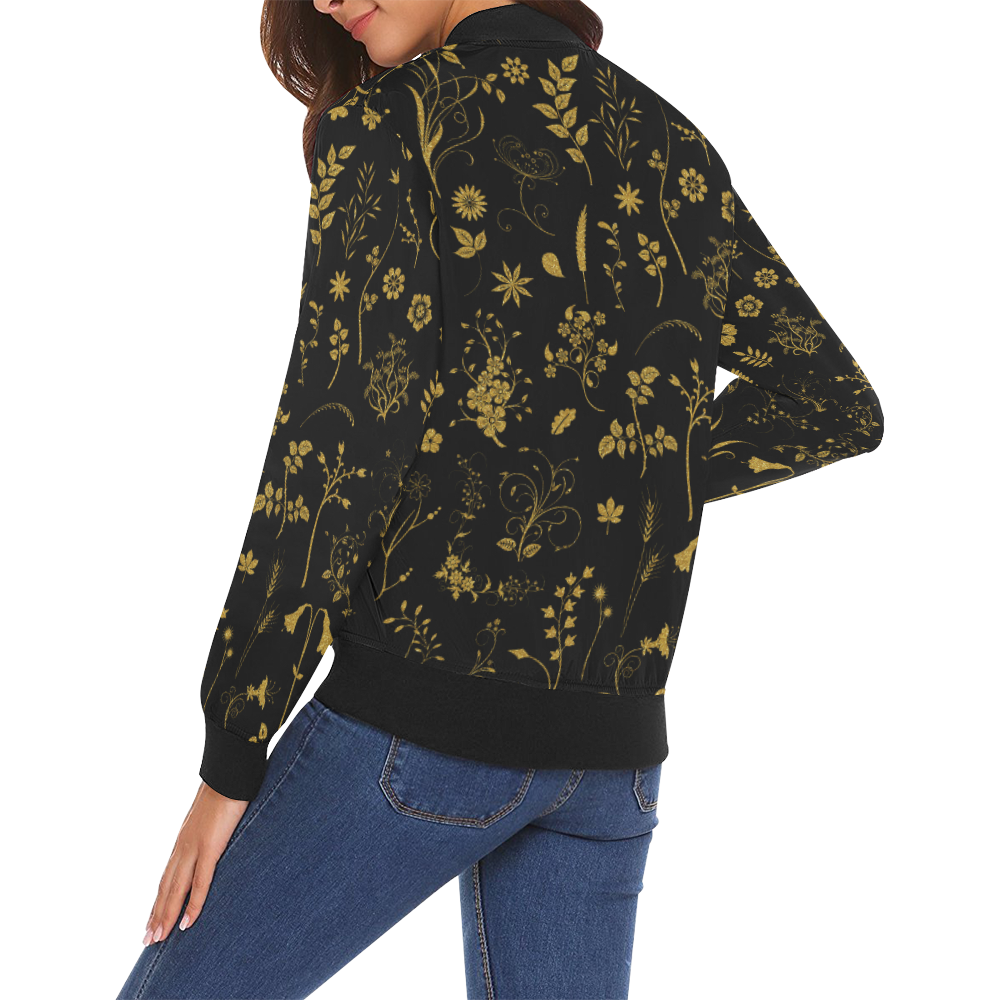 Ethno Floral Elements Pattern Gold 1 All Over Print Bomber Jacket for Women (Model H19)