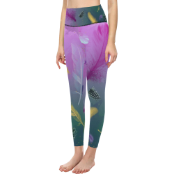 Dancing Feathers - Pink and Green Women's All Over Print High-Waisted Leggings (Model L36)