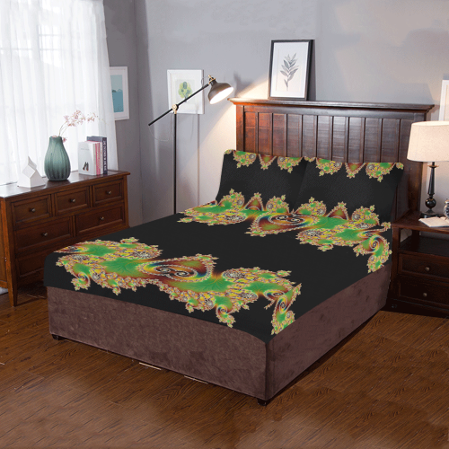 Green and Black  Hearts  Lace Fractal Abstract 3-Piece Bedding Set