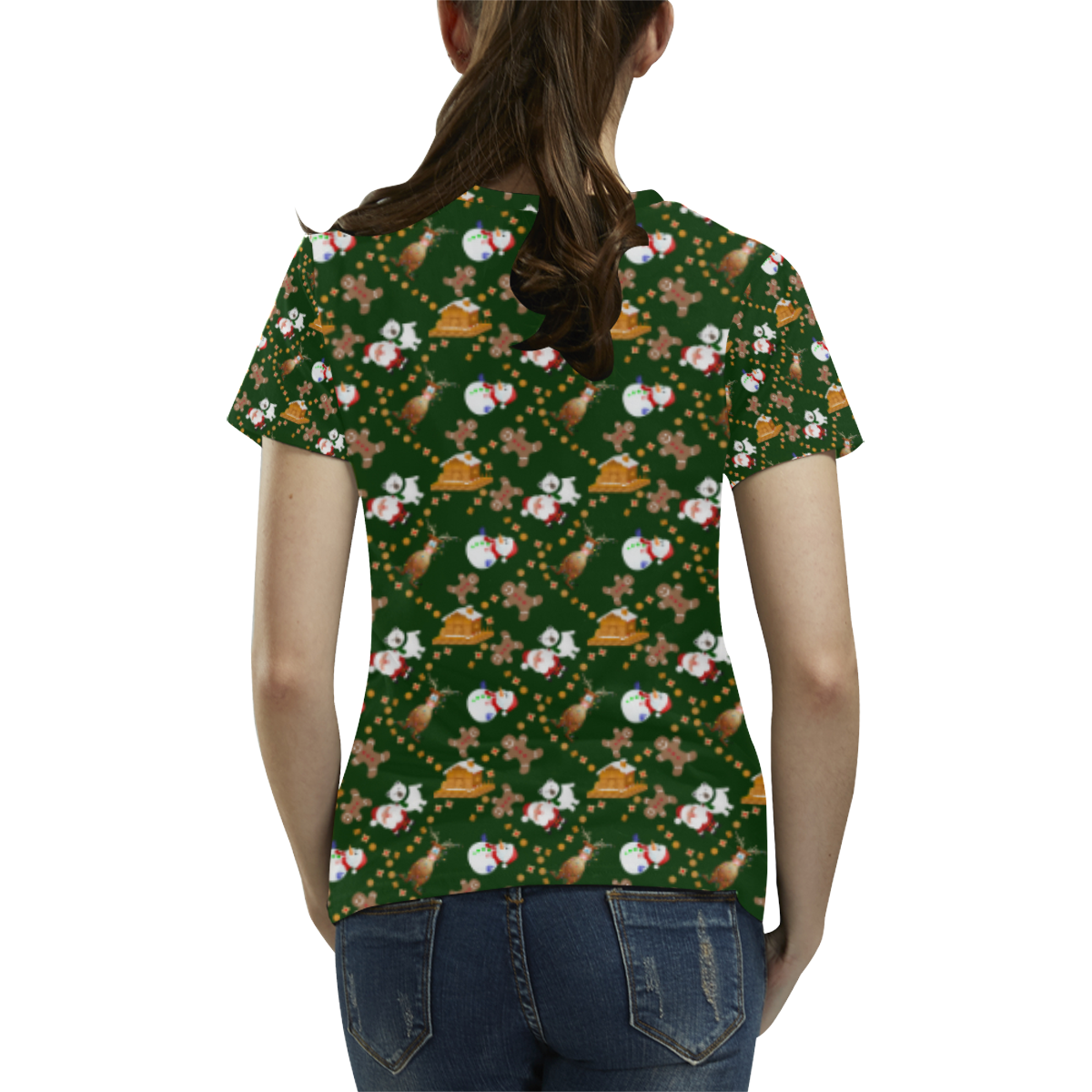 Christmas Gingerbread, Snowman, Reindeer and Santa Claus Green All Over Print T-Shirt for Women (USA Size) (Model T40)