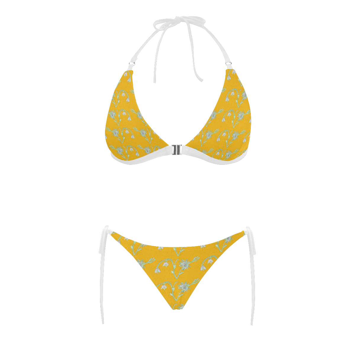 Yellow Floral Pattern Bikini Buckle Front Halter Bikini Swimsuit (Model S08)