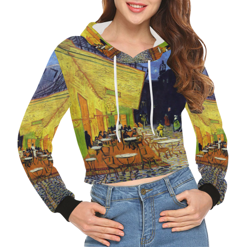 Vincent Willem van Gogh - Cafe Terrace at Night All Over Print Crop Hoodie for Women (Model H22)