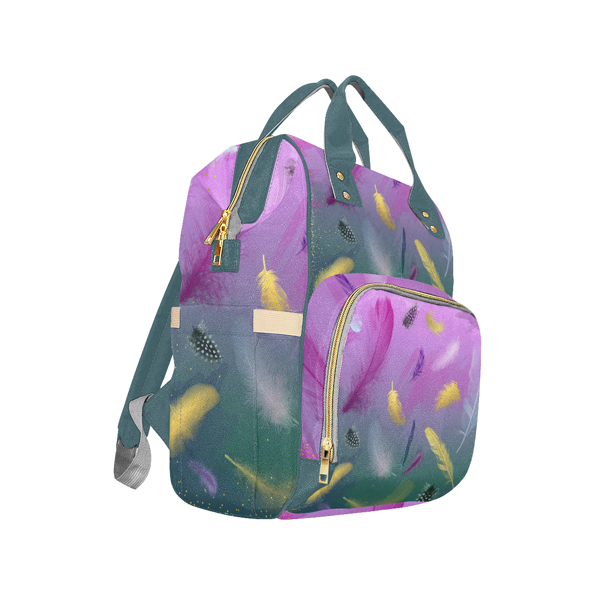 Dancing Feathers - Pink and Green Multi-Function Diaper Backpack/Diaper Bag (Model 1688)