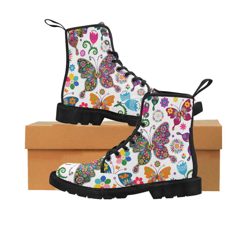 flowers and butterflies Martin Boots for Women (Black) (Model 1203H)