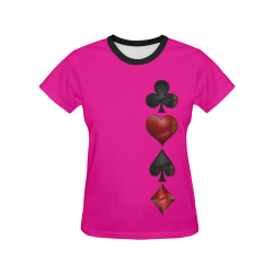 Las Vegas  Black and Red Casino Poker Card Shapes on Pink All Over Print T-shirt for Women/Large Size (USA Size) (Model T40)