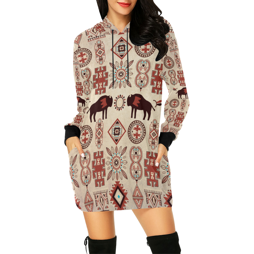 American Native Buffalo All Over Print Hoodie Mini Dress (Model H27)