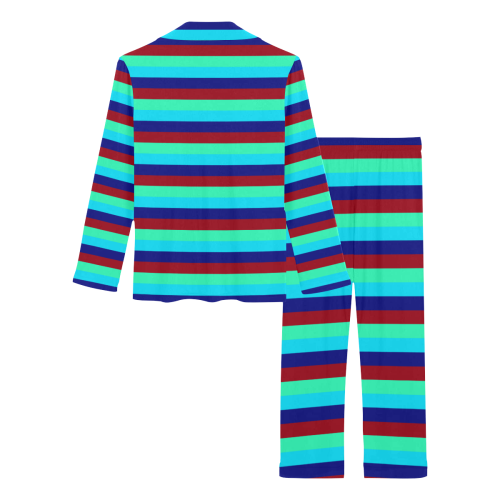 Caribbean Summer Style Blue Lines Pattern Women's Long Pajama Set