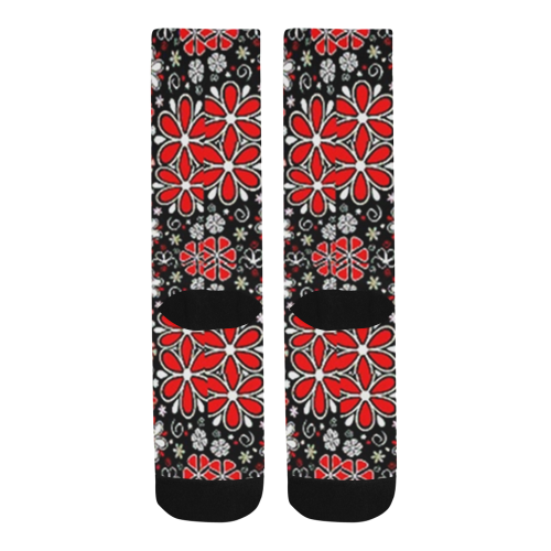 retro red black and white flowers on black socks Trouser Socks