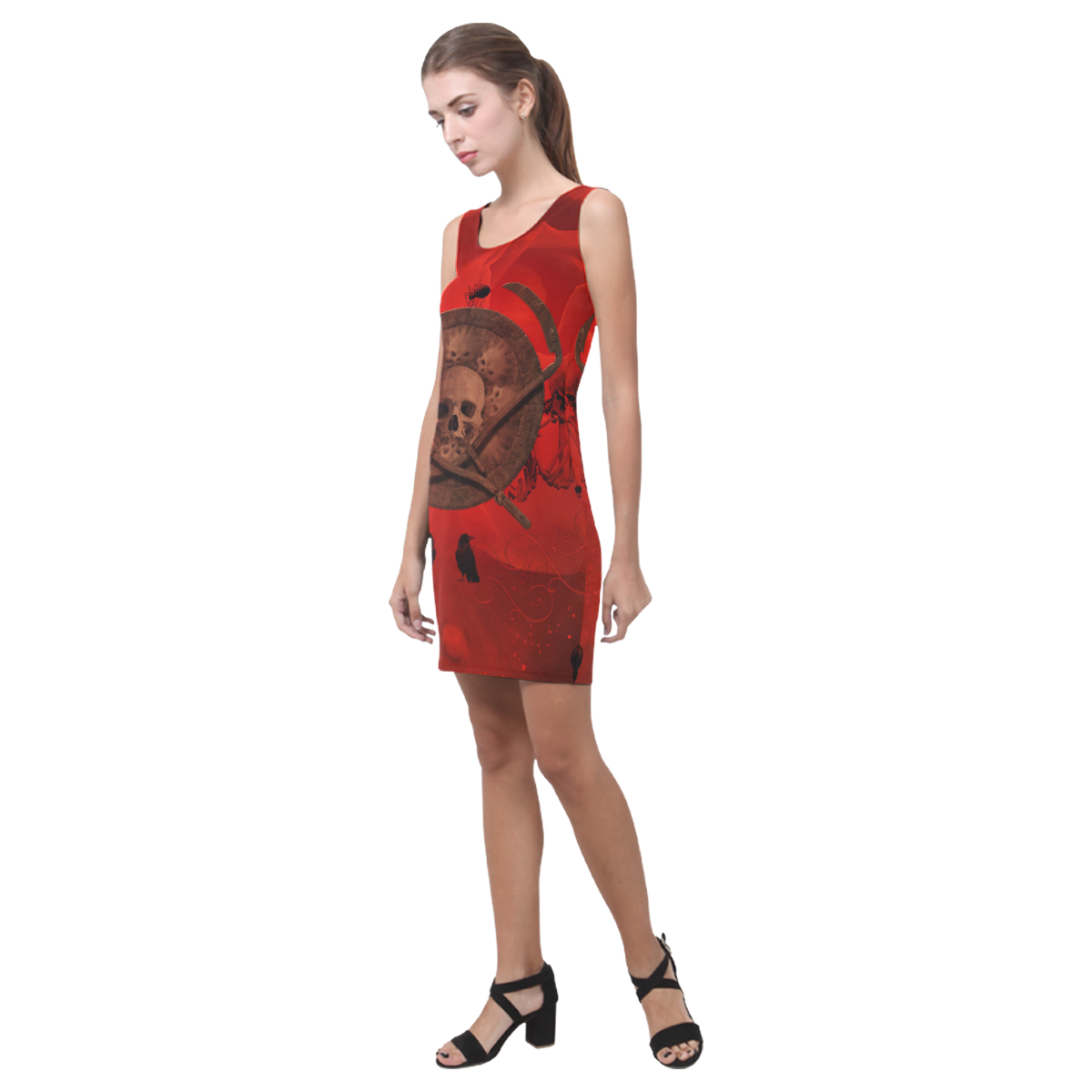 Skulls on red vintage background Medea Vest Dress (Model D06)