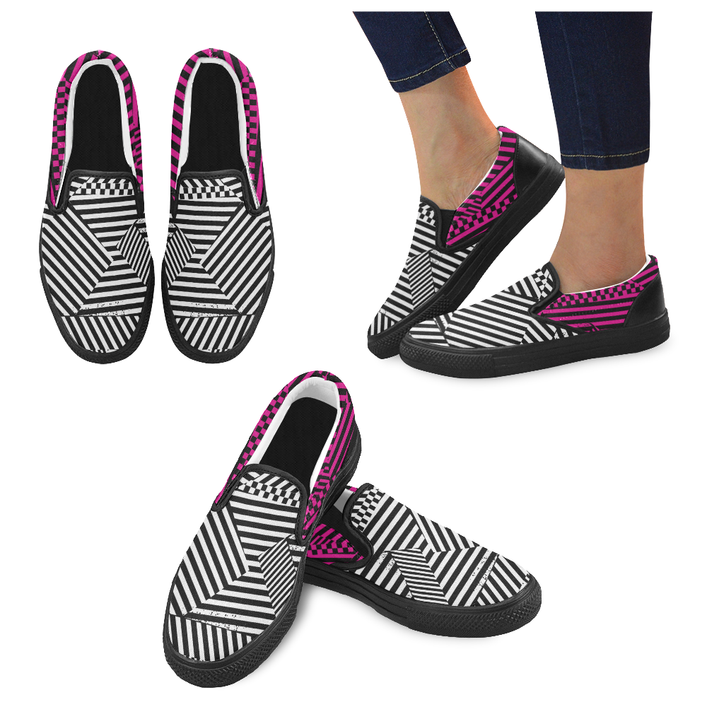 Hot pink, black, white grunge stripes checkerboard Women's Slip-on Canvas Shoes (Model 019)