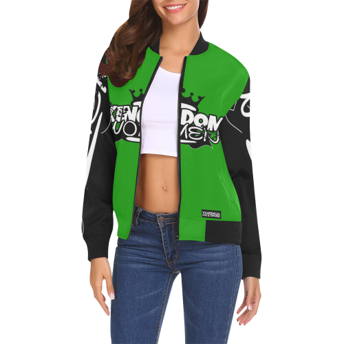 Neon Green/Black All Over Print Bomber Jacket for Women (Model H19)