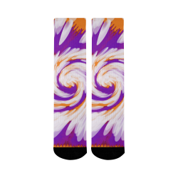 Purple Orange Tie Dye Swirl Abstract Mid-Calf Socks (Black Sole)