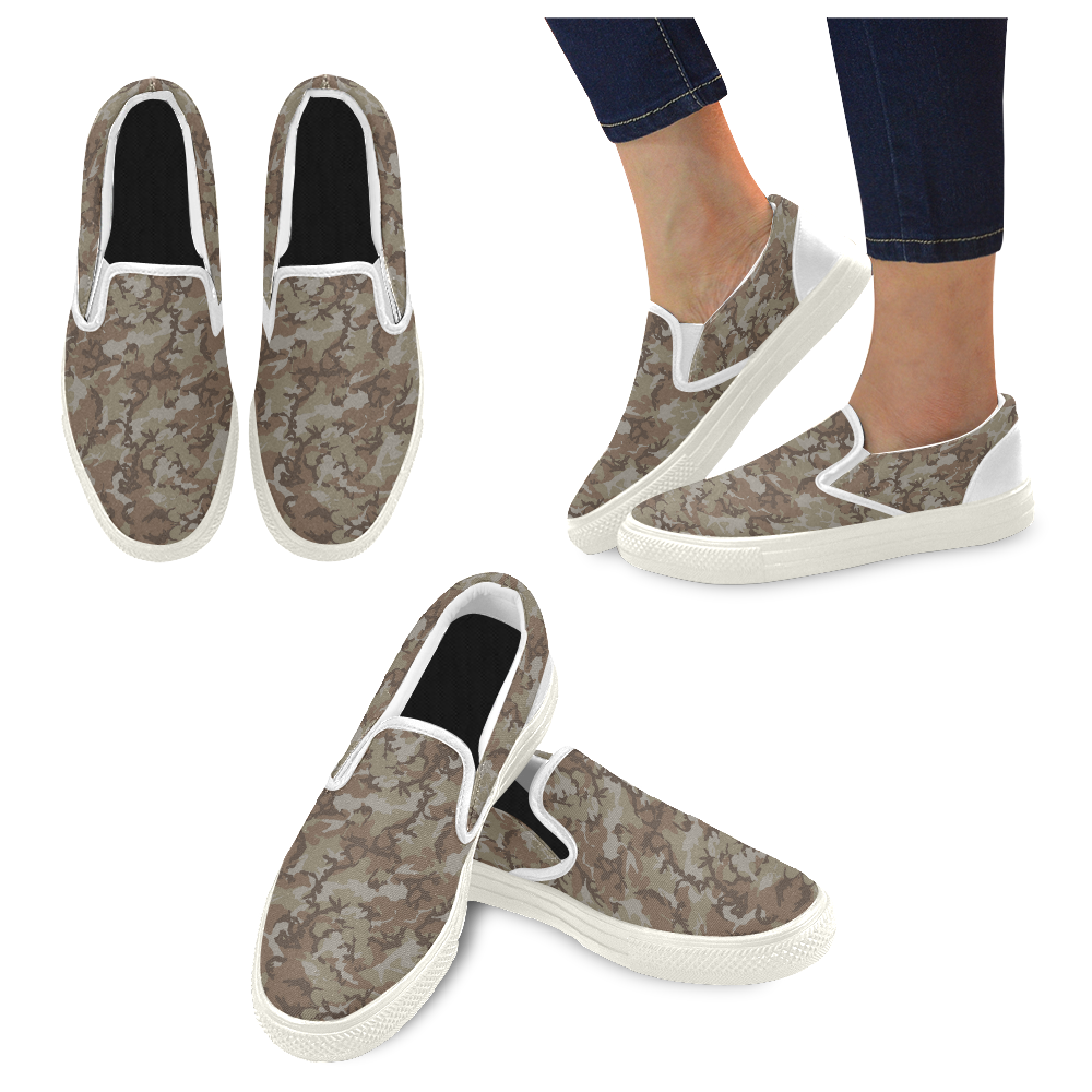 Woodland Desert Brown Camouflage Women's Unusual Slip-on Canvas Shoes (Model 019)
