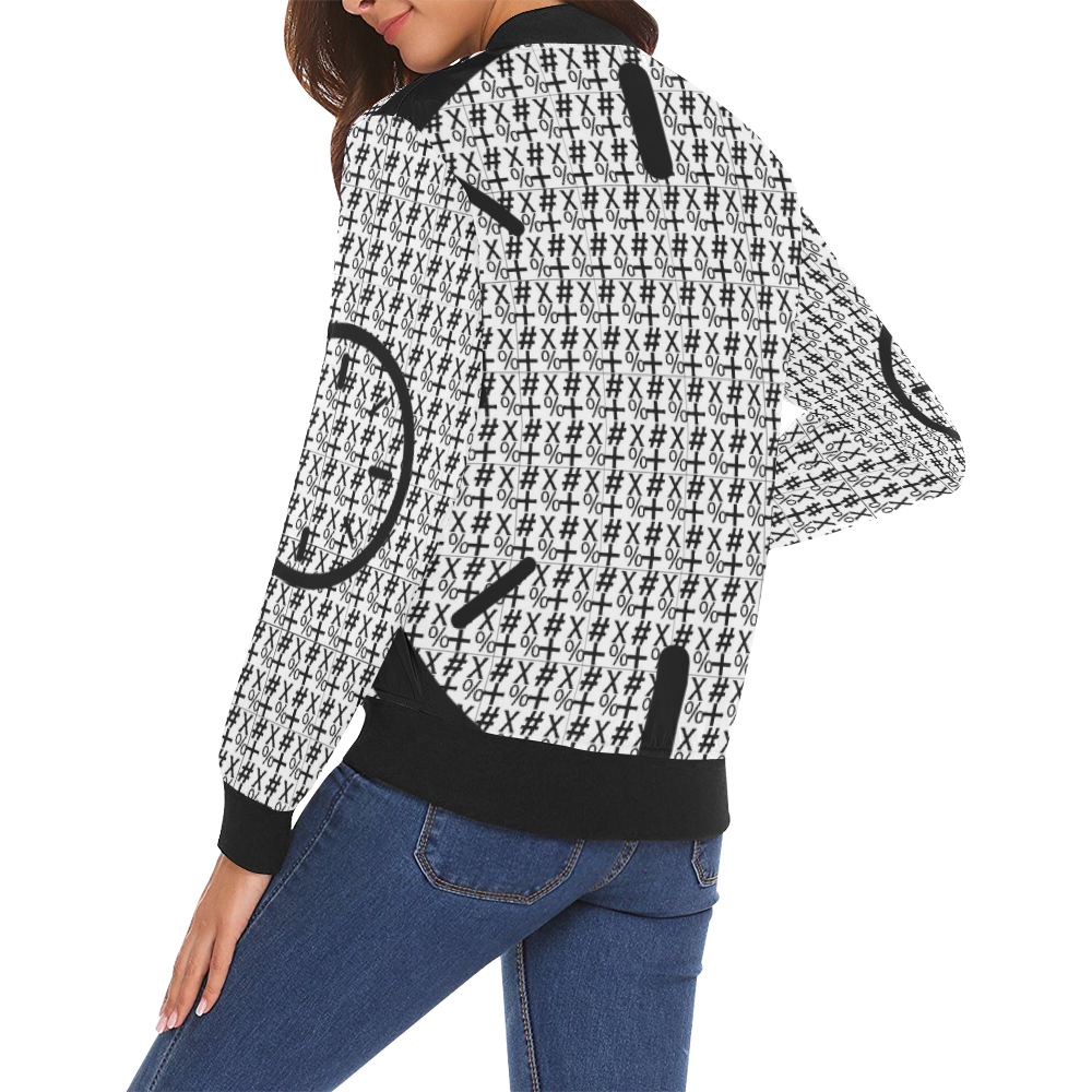 NUMBERS Collection Symbols Circle + x Black/Black/White All Over Print Bomber Jacket for Women (Model H19)