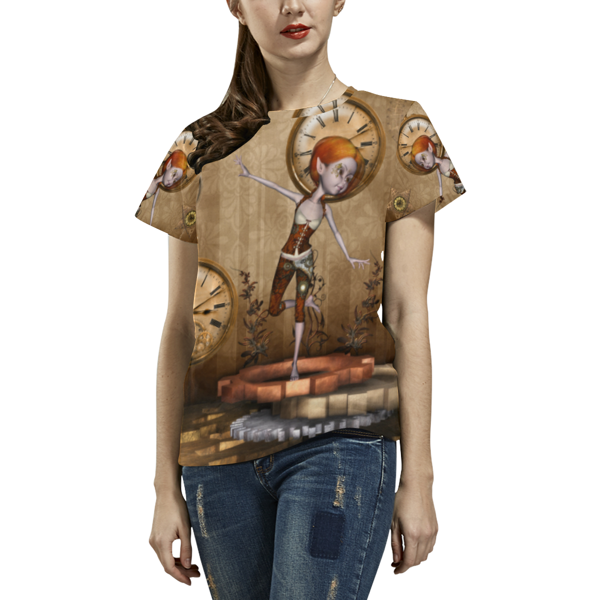 Steampunk girl, clocks and gears All Over Print T-Shirt for Women (USA Size) (Model T40)