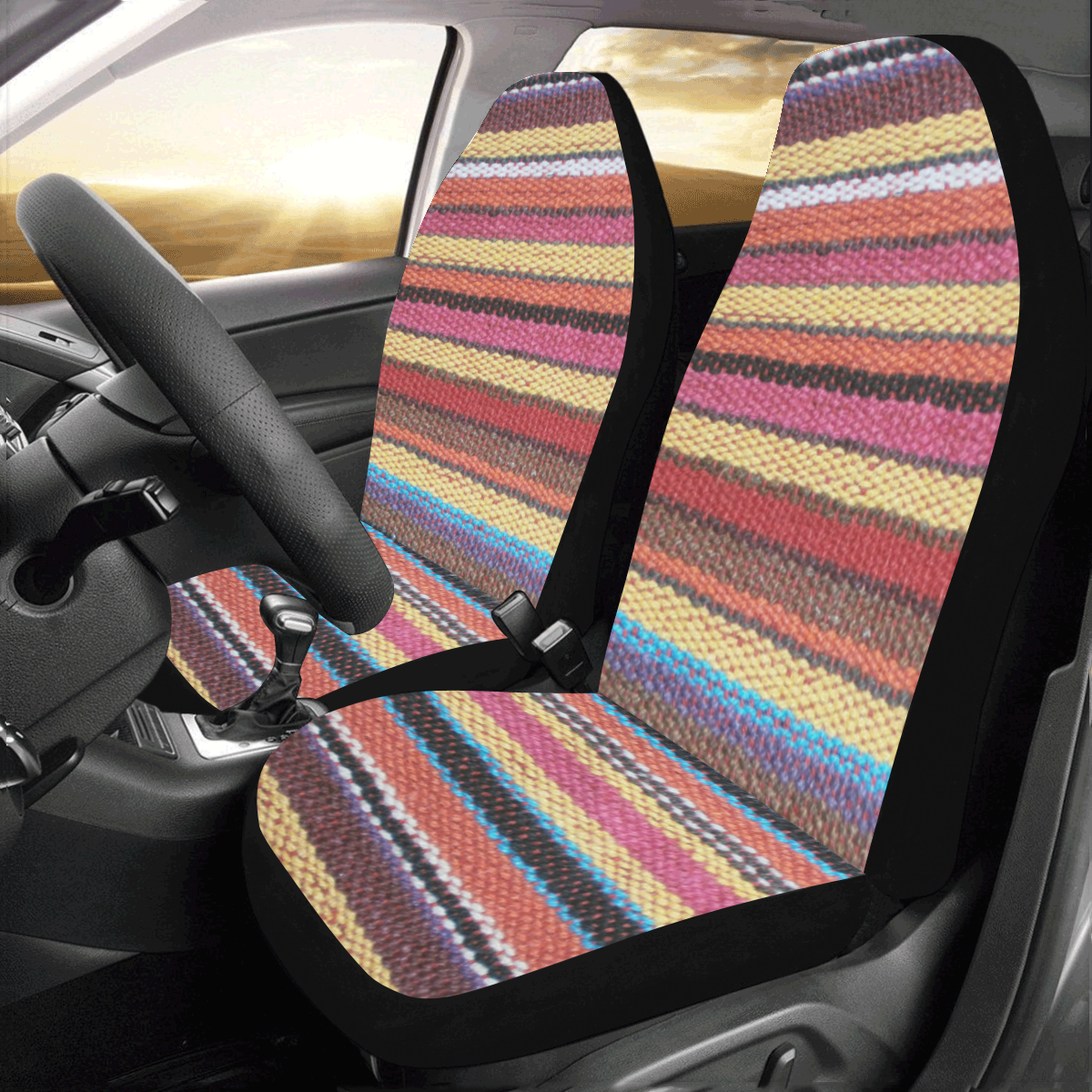 Traditional WOVEN STRIPES FABRIC - colored Car Seat Covers (Set of 2)