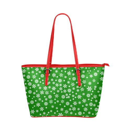 Christmas White Snowflakes on Green Leather Tote Bag/Small (Model 1651)