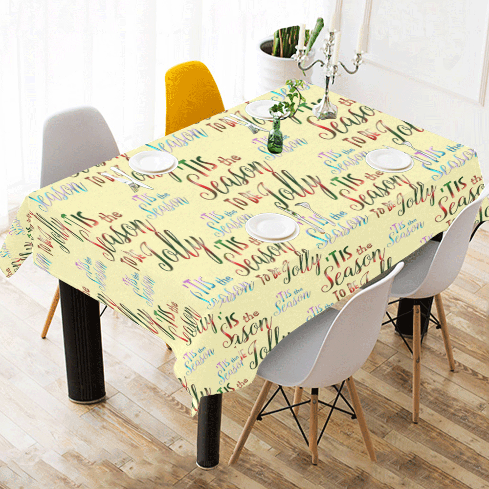 Christmas 'Tis The Season Pattern on Yellow Cotton Linen Tablecloth 60" x 90"