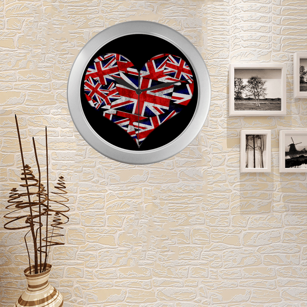 Union Jack British UK Flag Heart Black Silver Color Wall Clock