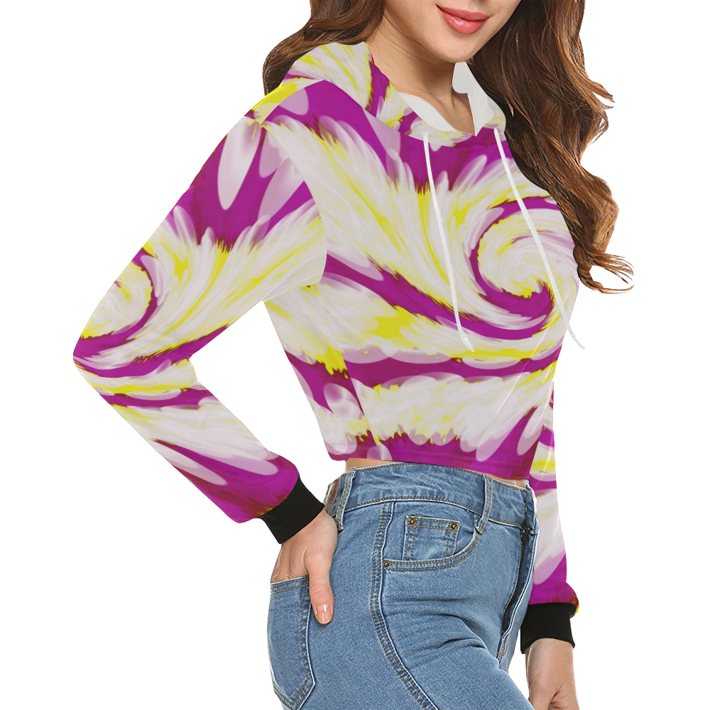Pink Yellow Tie Dye Swirl Abstract All Over Print Crop Hoodie for Women (Model H22)