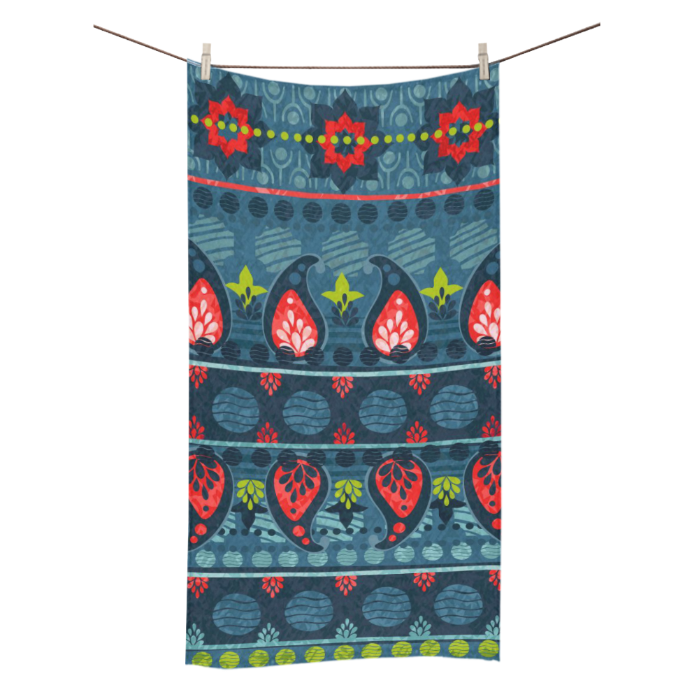Ethnic Bohemian Blue, Green and Coral Bath Towel 30"x56"