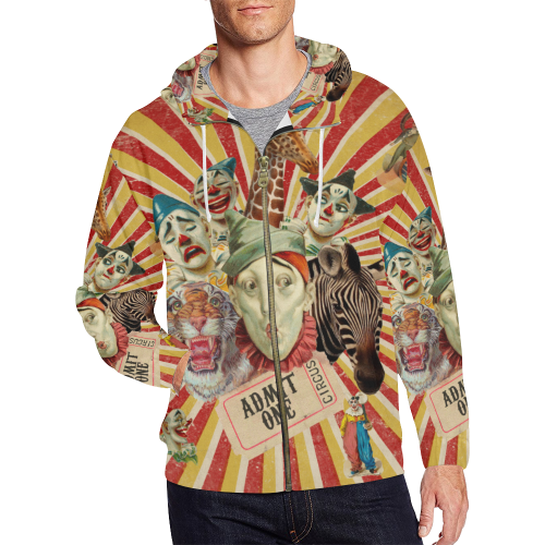 Funny Vintage Circus Clowns All Over Print Full Zip Hoodie for Men/Large Size (Model H14)