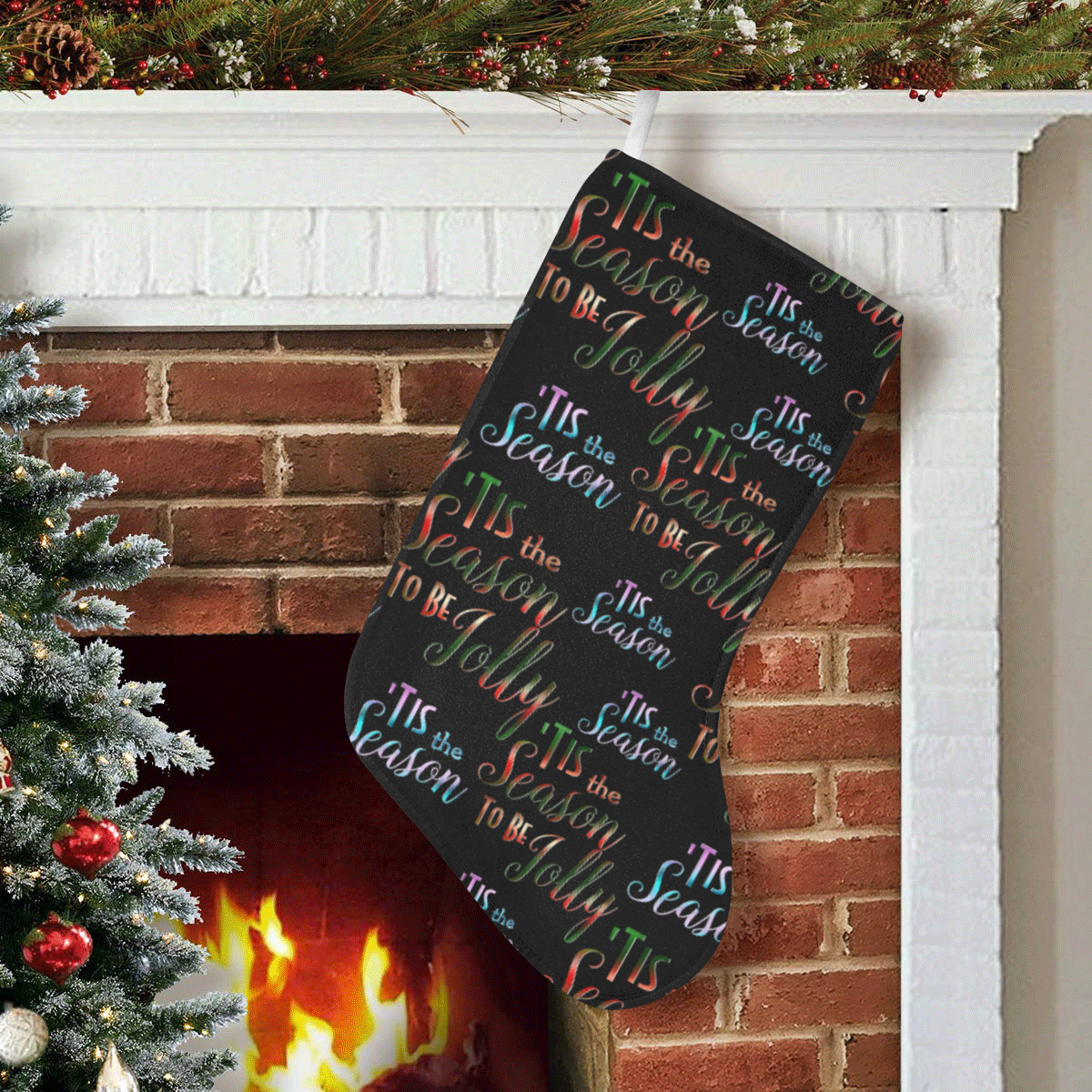Christmas 'Tis The Season Pattern on Black Christmas Stocking (Without Folded Top)