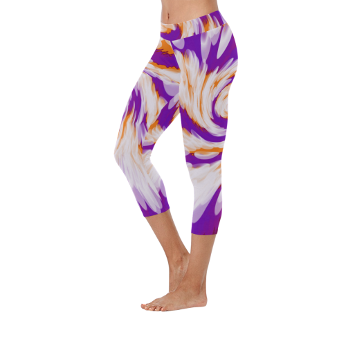 Purple Orange Tie Dye Swirl Abstract Women's Low Rise Capri Leggings (Invisible Stitch) (Model L08)