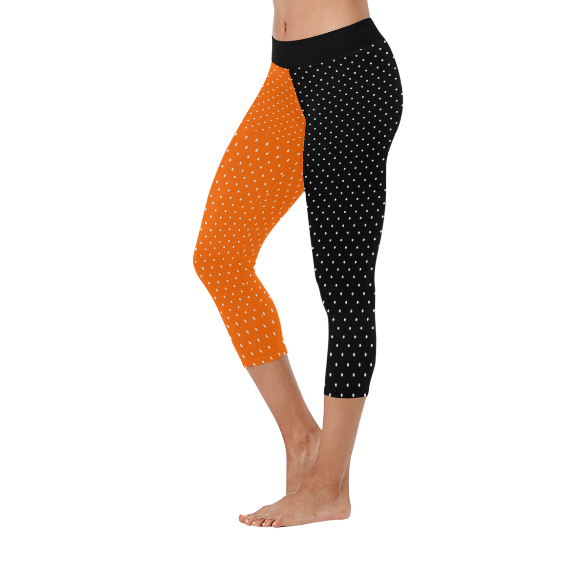Halloween Black and Orange Polka Dots Women's Low Rise Capri Leggings (Invisible Stitch) (Model L08)