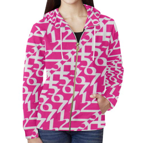 NUMBERS Collection 1234567 Pink/White All Over Print Full Zip Hoodie for Women (Model H14)