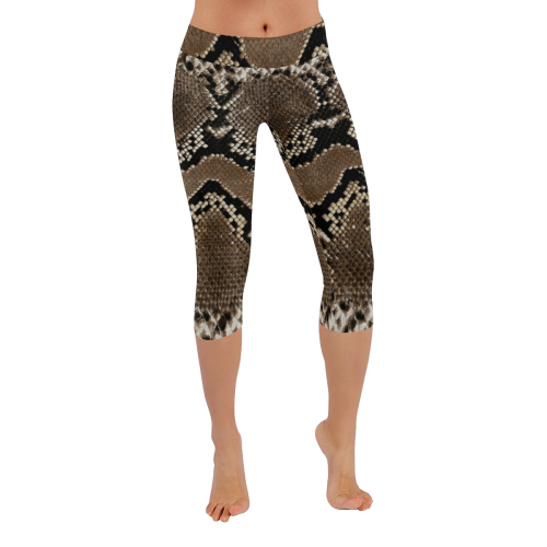 Snakeskin Pattern Dark Brown Women's Low Rise Capri Leggings (Invisible Stitch) (Model L08)