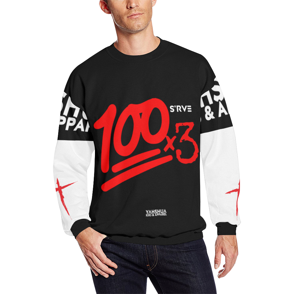 100x3 (Black White) Men's Oversized Fleece Crew Sweatshirt (Model H18)