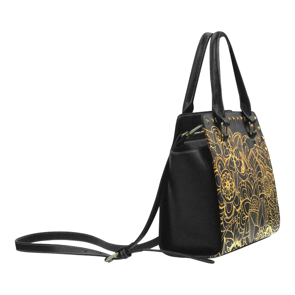 Floral Doodle Gold G523 Rivet Shoulder Handbag (Model 1645)