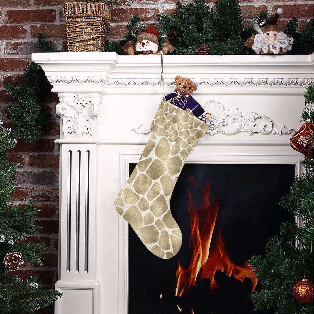 Linen Giraffe Print Christmas Stocking