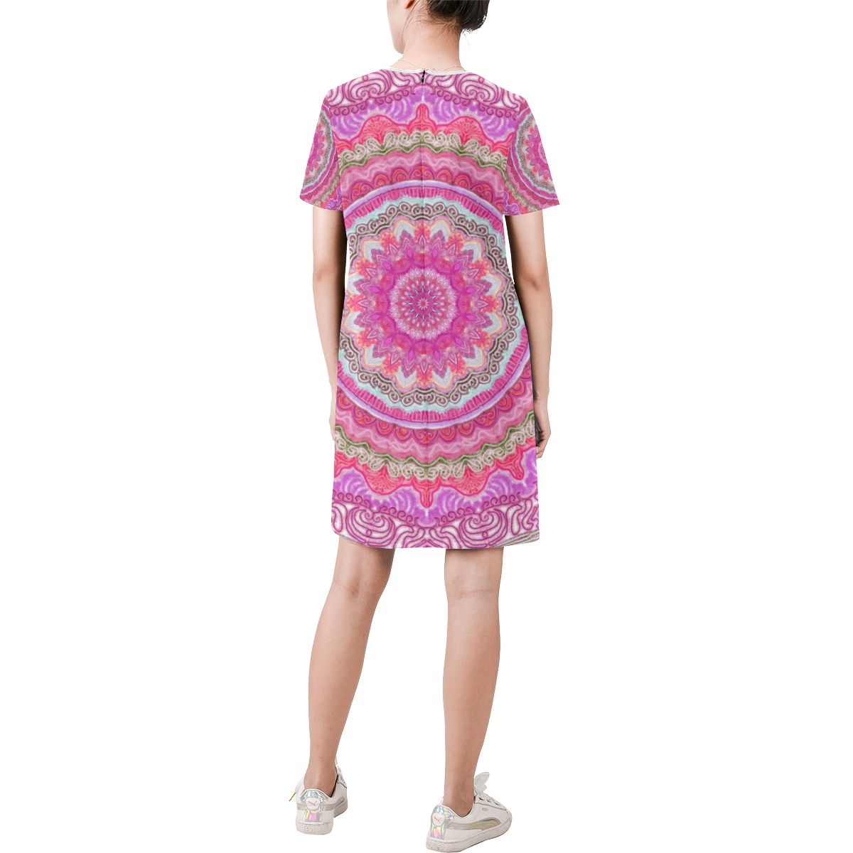 mandala neon 7 Short-Sleeve Round Neck A-Line Dress (Model D47)