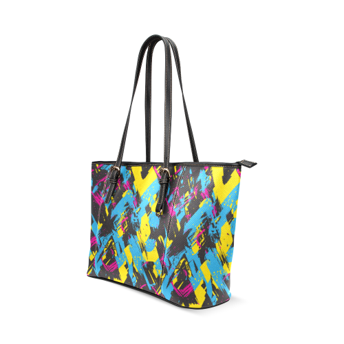 Colorful paint stokes on a black background Leather Tote Bag/Large (Model 1640)